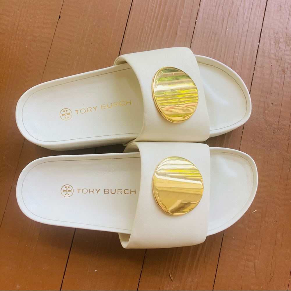 Tory Burch Patos White Gold Platform Slide Sandal Size 6